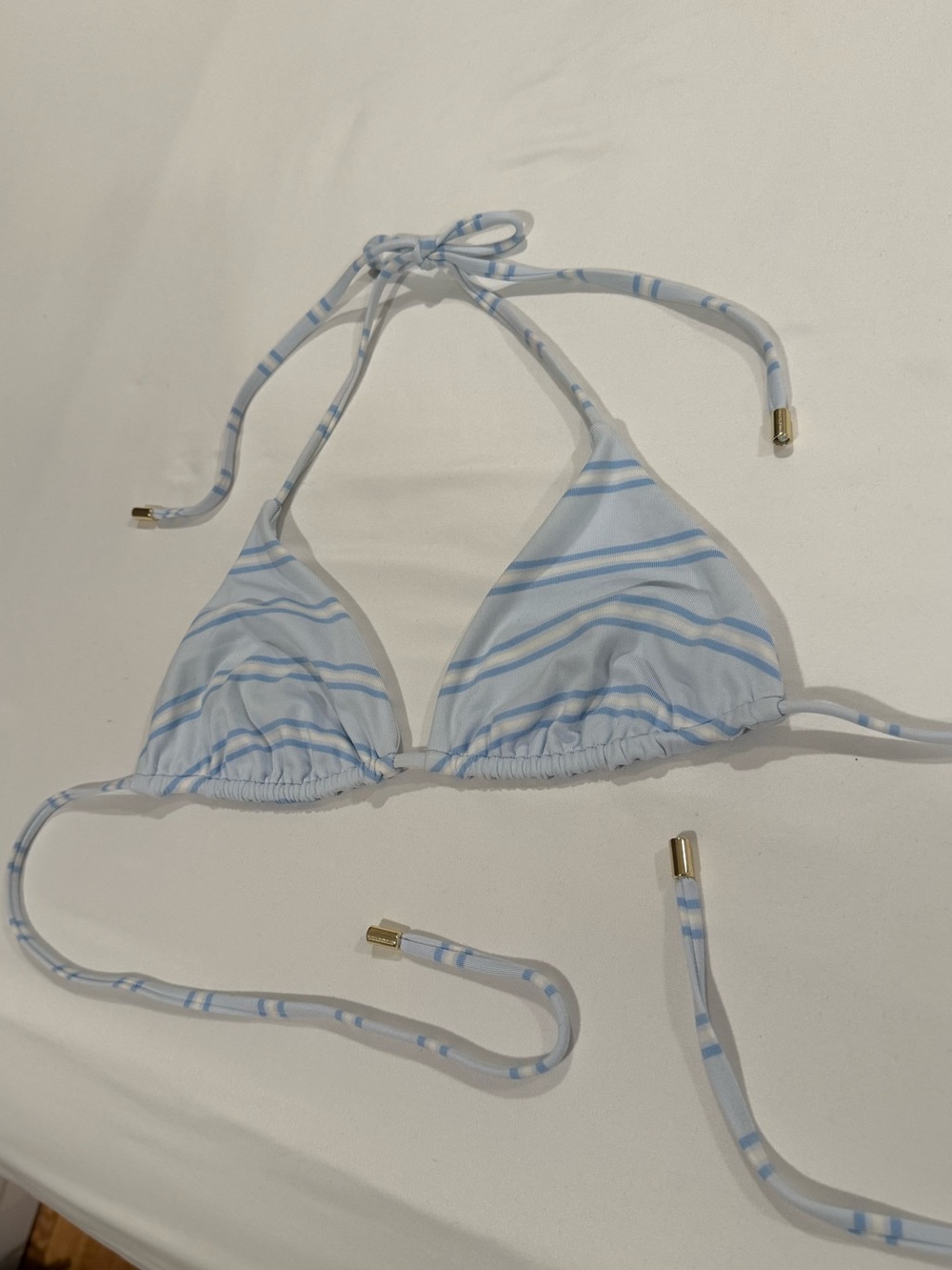 Monday Swimwear Palma Top Light Blue White Striped Triangle Bikini Gold Accents